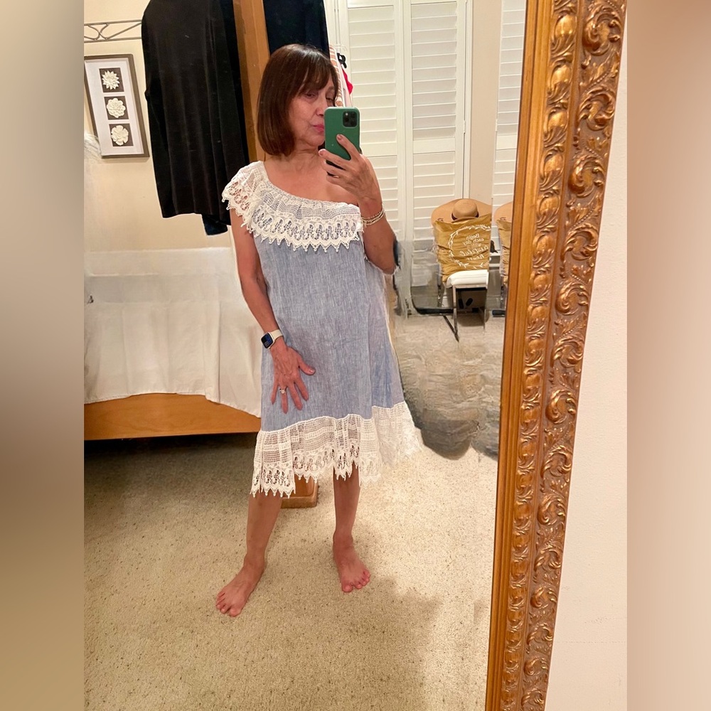 Miguelina One- Shoulder Blue & White Lace Dress Size Small - Beautiful - Picture 1 of 10